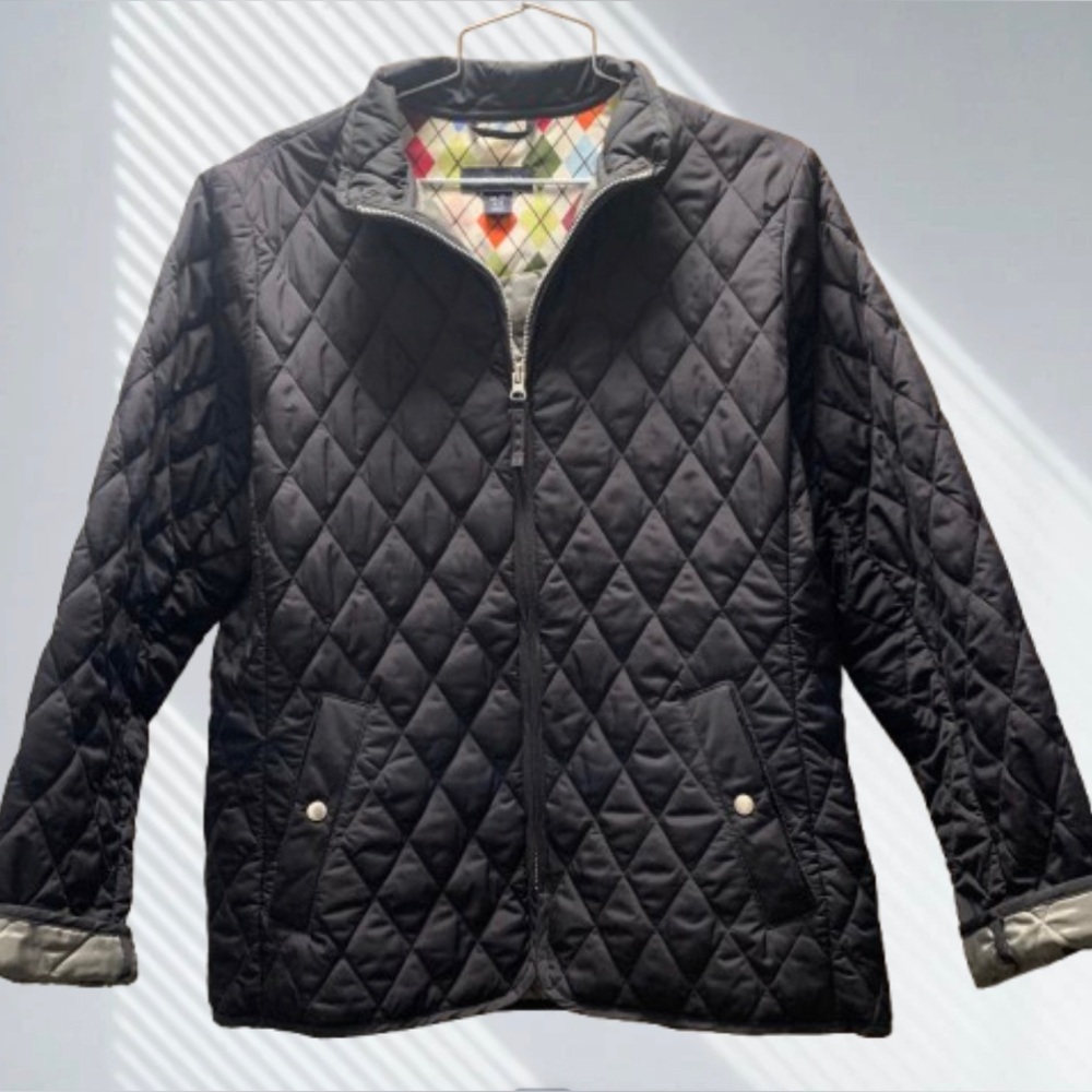 Land's End Black Quilted Jacket Zip Front Snap Pockets Size M (10-12)